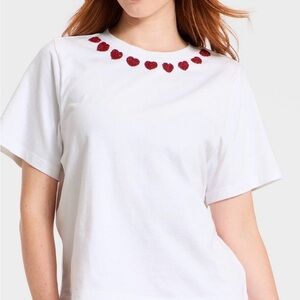 NWT White T-Shirt with Red Heart beaded Accents S
